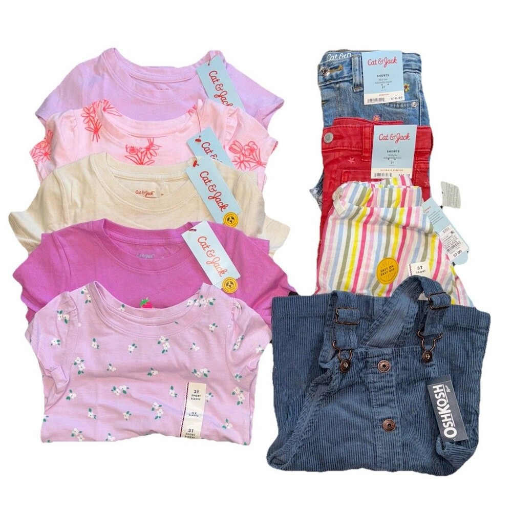 Cat & Jack + OshKosh Baby Girl 3T Clothing Lot 9pcs Tops, Shorts, Skirt, Dress